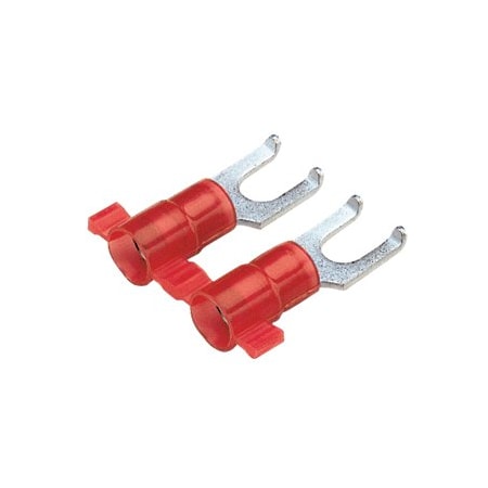 Panduit Fork Terminal, #6 Stud Size, 18 AWG, 600 V, Vinyl Insulated, Red, Crimp Termination Only, 3000 PK PV18-6FFB-3K